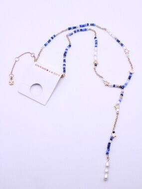 Lucky Brand Blue and White Beaded Star Lariat Necklace with Gold Accents